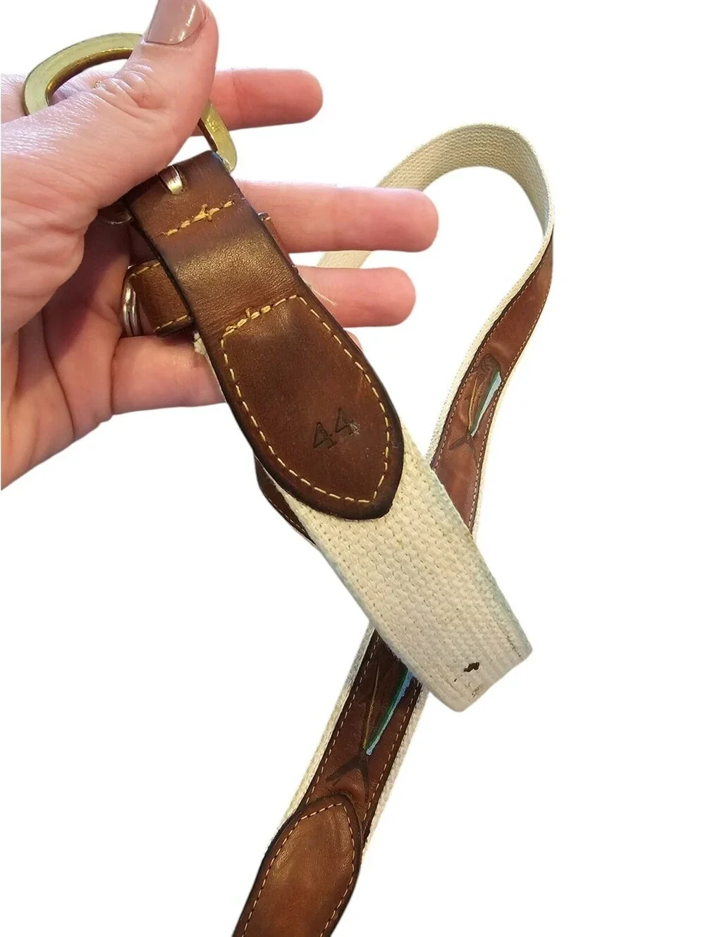 Vintage Mens Sz 44 Leather and Canvas Belt Fish Whale Embossed